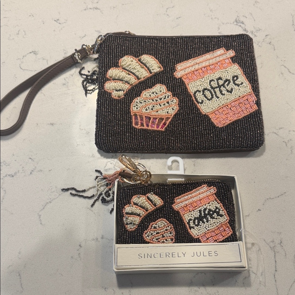 Sincerely Jules Black Beaded Clutch with Coffee and Pastry Design